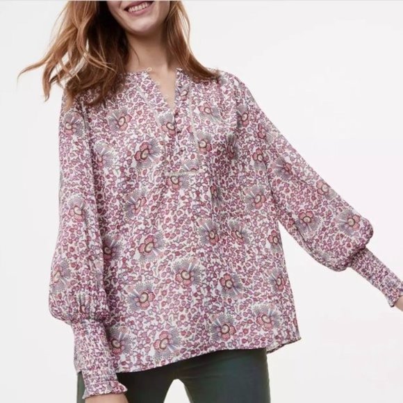 LOFT Floral Blouse, Flowerbud Smocked Cuff - Picture 4 of 13